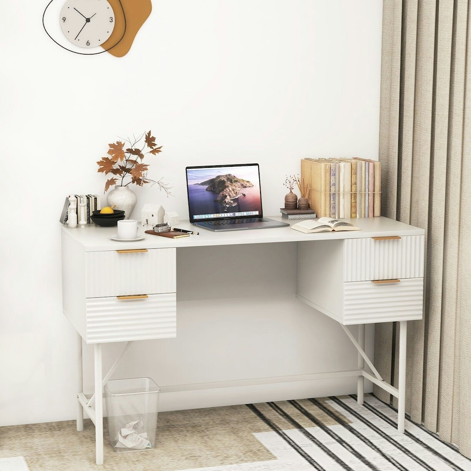 image 1 of COSTWAY Modern Computer Desk with 4 Drawers White