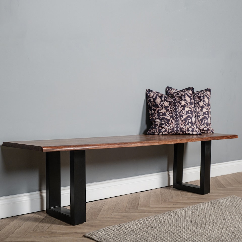 image 1 of Solid Mango Wooden Live Edge Dining Hall Shoe Bench Dark Oak Finish Metal 45cm High x 155cm Wide x 40cm Deep