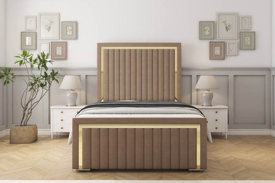 image 1 of Sloomy Boston Gold Mink Plush Bed Frame With 50" Upholstered Headboard 6' Super King