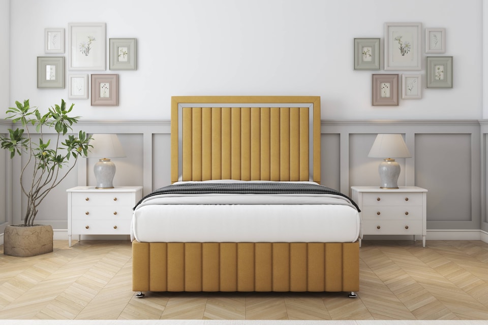 image 1 of Sloomy Boston Chrome Mustard Plush Divan Bed With Mattress 2 Drawers Right Side With 26" Strutted Headboard & 12" Matching Footboard 6' Super King | Gold | Mustard | Super King | 1