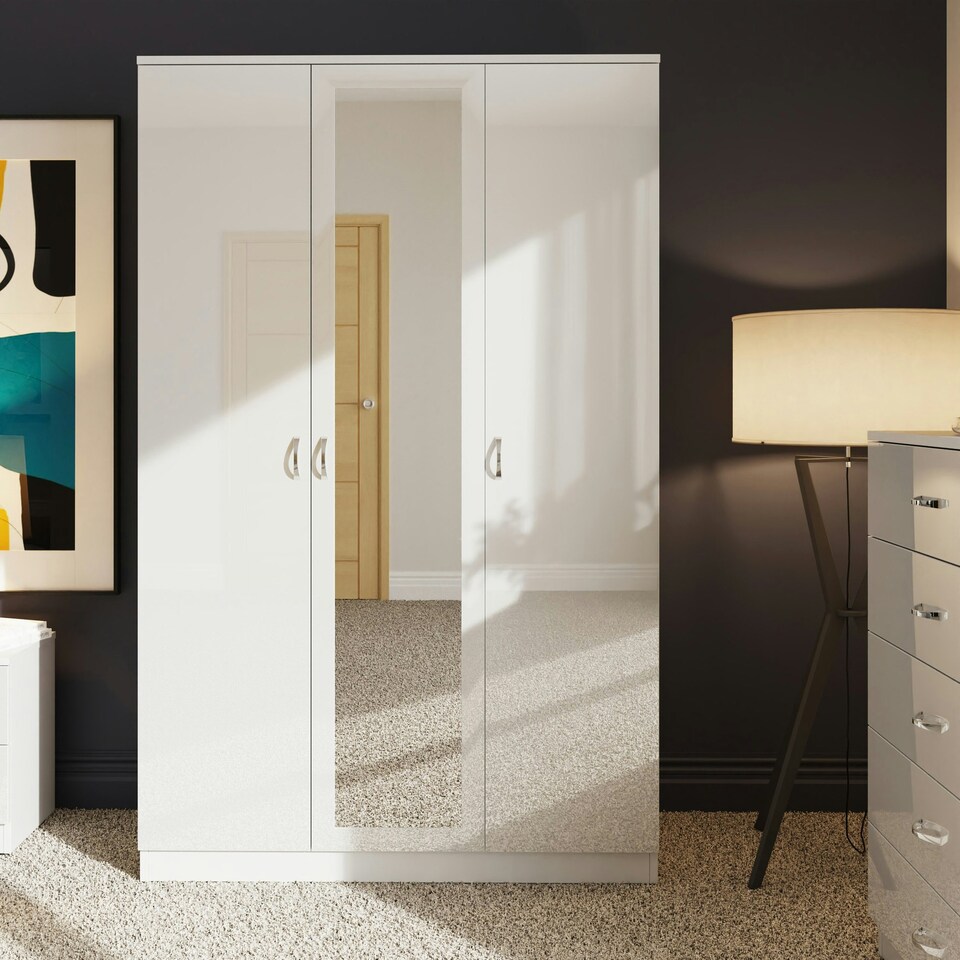 image 1 of FWStyle Chilton 3 Door Wardrobe With Mirror - White Gloss Front White