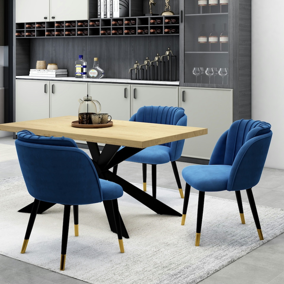image 1 of Set of 2 Milano Velvet Dining Chairs with Stylish Ribbed Back Design, Black Metal Legs with Silver Tips | Blue | Gold End Tips