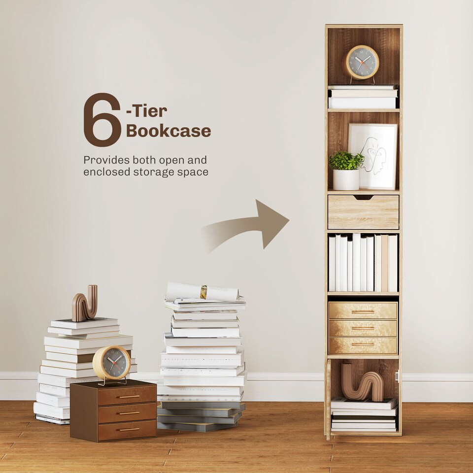 image 1 of HOMCOM Narrow Bookshelf with Drawer, Tall Bookcase for Living Room, Natural