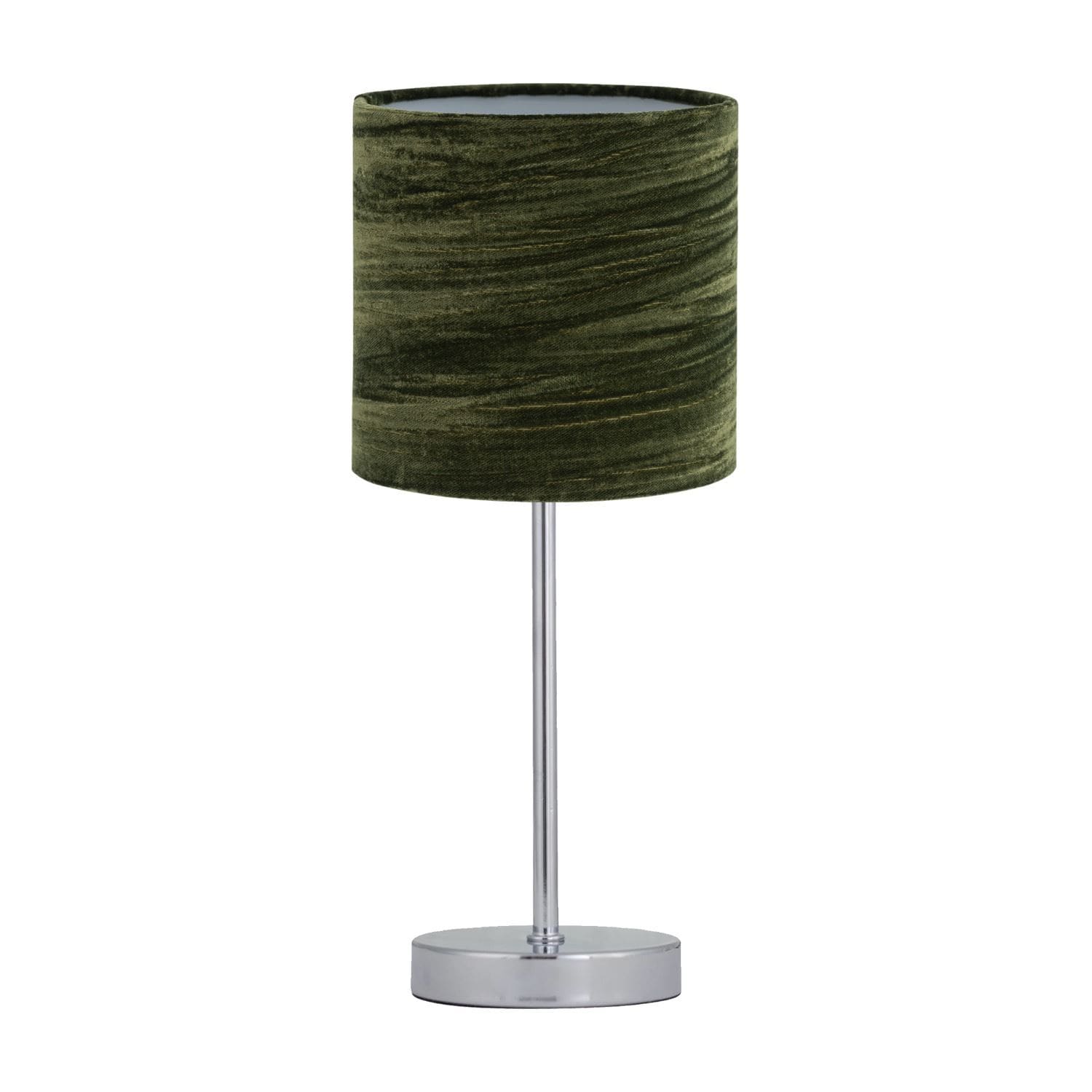First Choice Lighting Chrome Stick Table Lamp with Green Crushed Velvet Shade in Silver