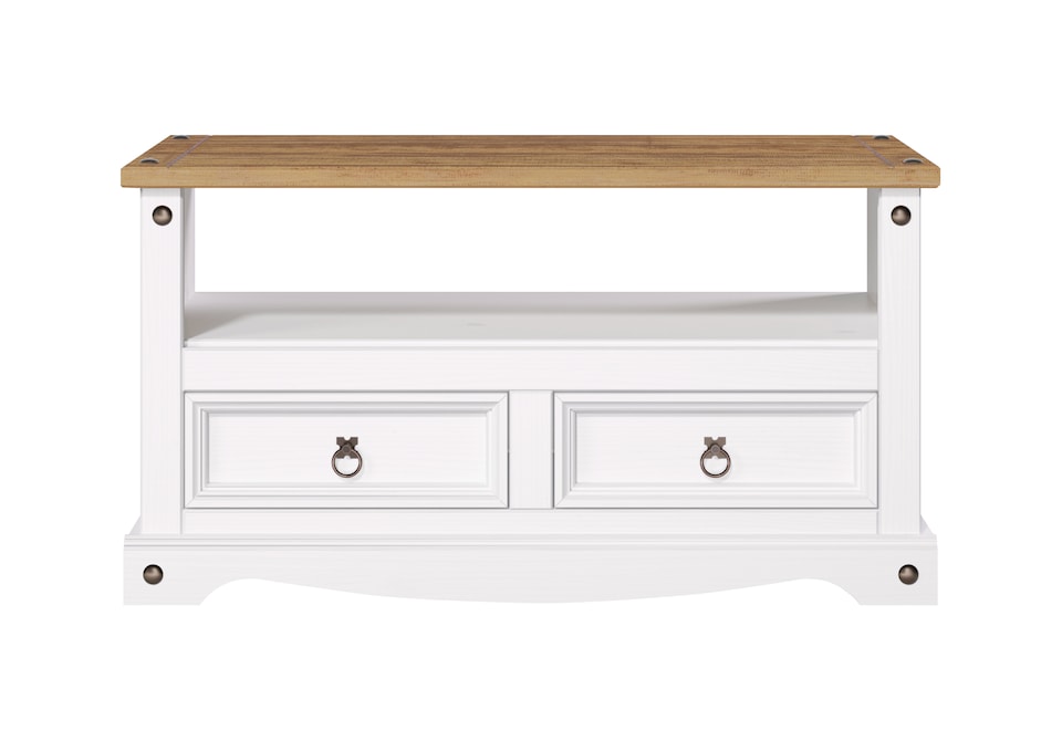 image 1 of Corona Flat Screen TV Unit - Antique Waxed Pine Media Cabinet with Drawers, Shelf, and Traditional Mexican Design | White | White | 1