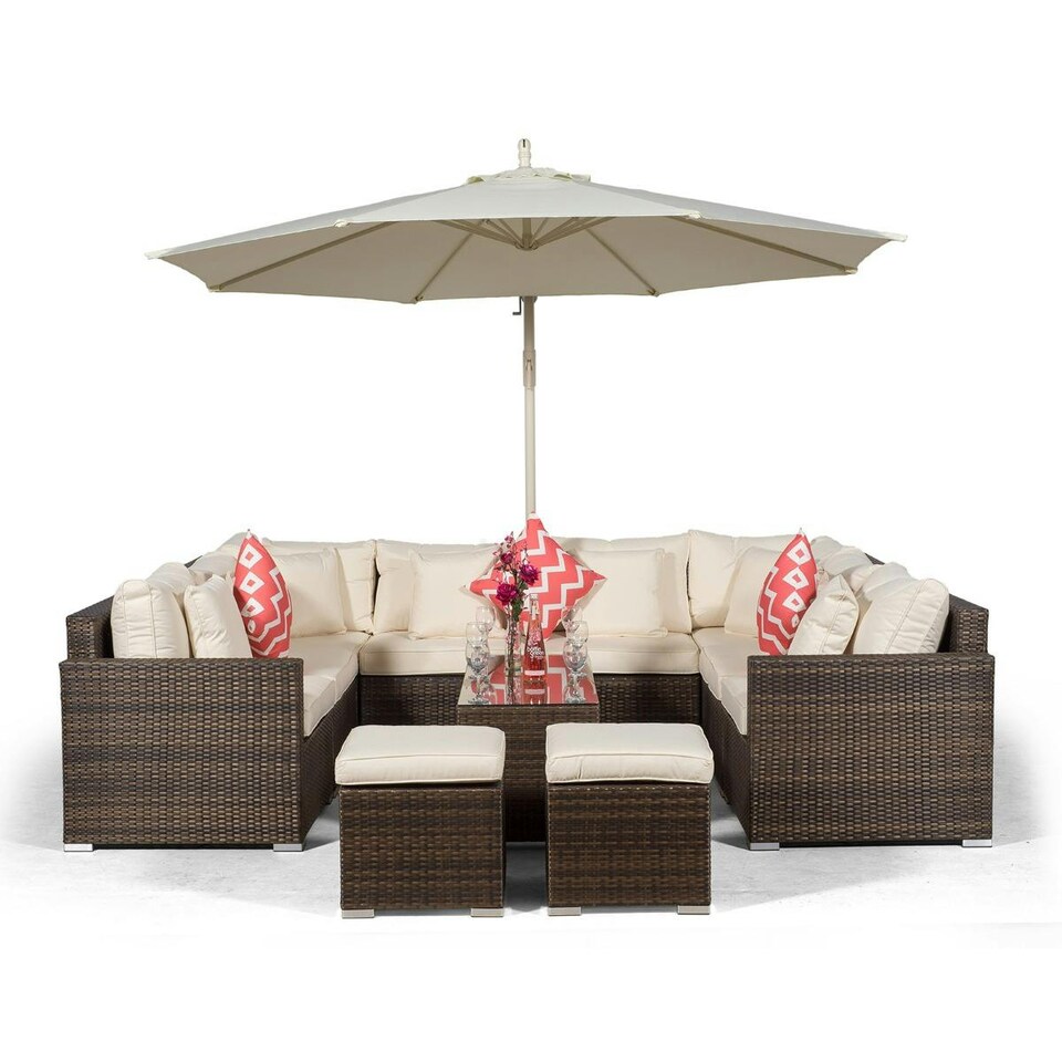 image 1 of Havana 8 Seat Rattan Corner Sofa Set with Coffee Table and 2 Stools | Brown | Brown