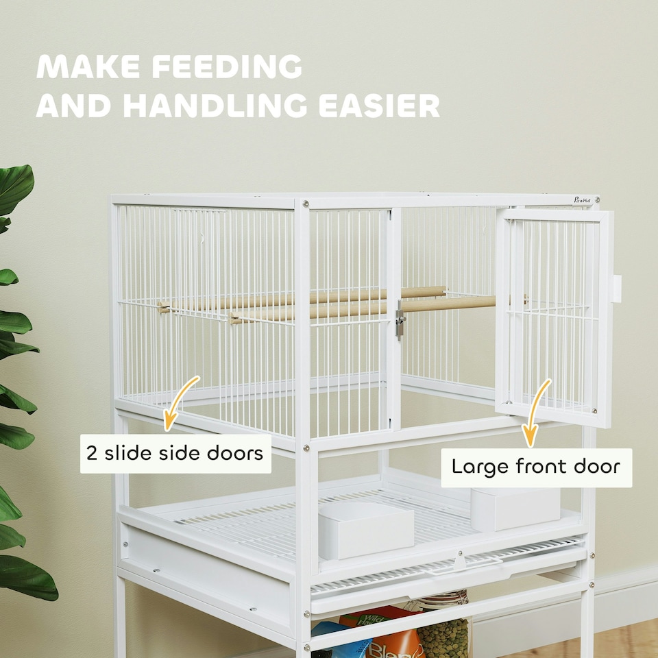 image 1 of PawHut Bird Cage Parrot Cage with Rolling Stand Acrylic Viewing Panels White