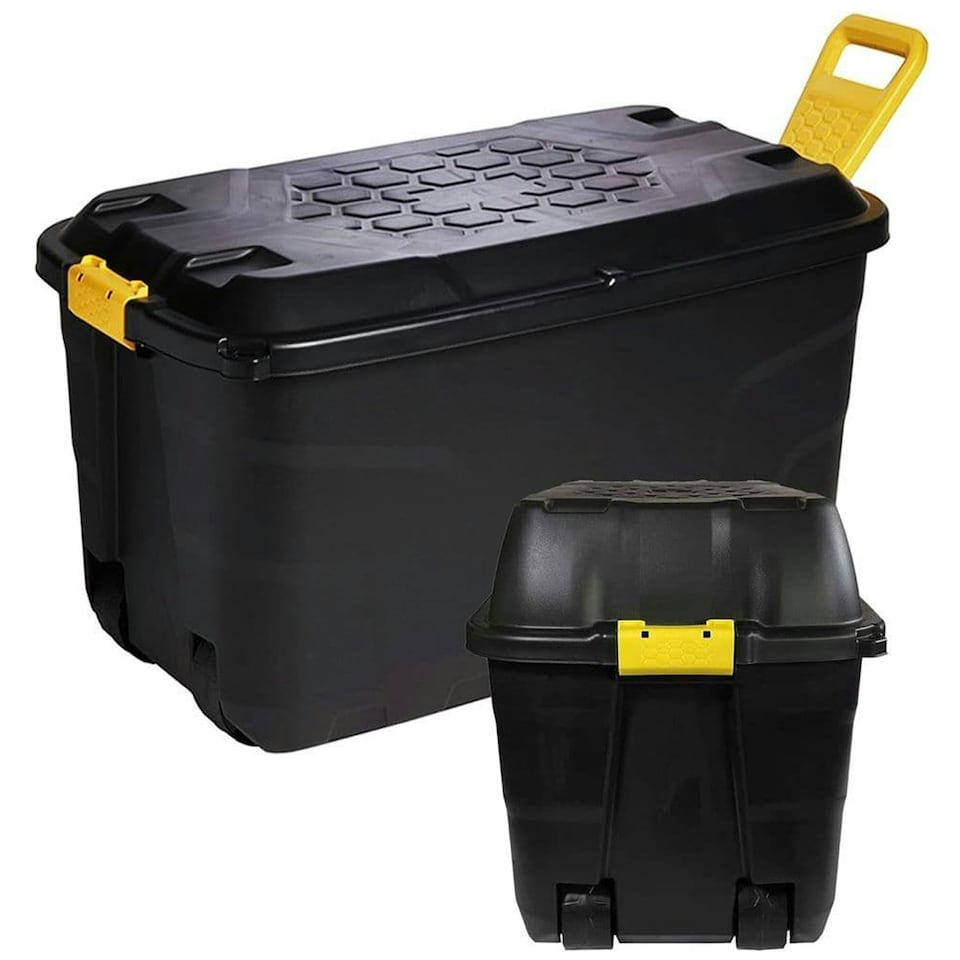 image 1 of 2 x 145L Strong Black XL Capacity Heavy Duty Indoor Outdoor Storage Trunk With Wheels & Handles Black