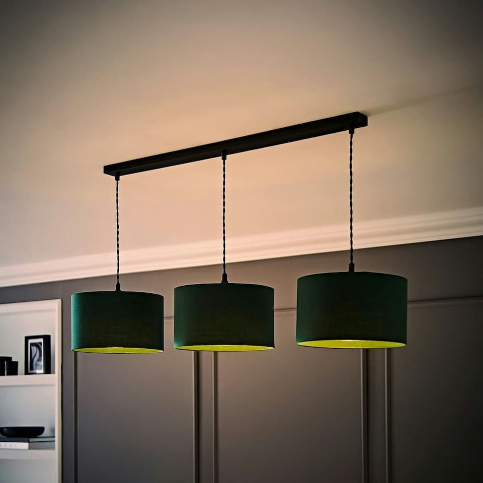 image 1 of ValueLights Shaw Matte Black 3 Drop Bar Green Fabric Shades | Black