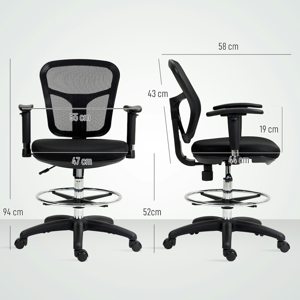 image 1 of HOMCOM Drafting Stool Chair with Adjustable Armrest for Standing Desk, Black Black