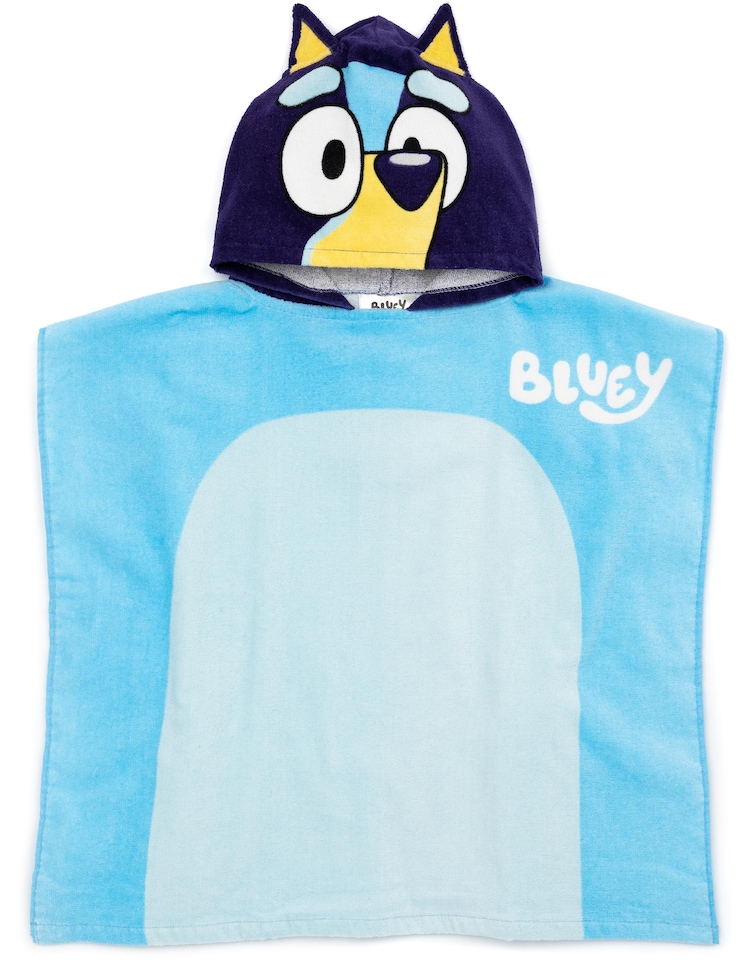 image 1 of Bluey Kids Towel Poncho | Blue Cartoon Bath Towel with 3D Ears For Girls & Boys | TV Show Beach Swimwear Hooded Changing Robe | Cosy Swimwear Merchandise Gift for Children
