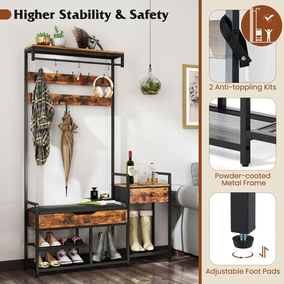 image 1 of COSTWAY Coat Rack Hall Tree with Shoe Storage Bench Brown | One Size