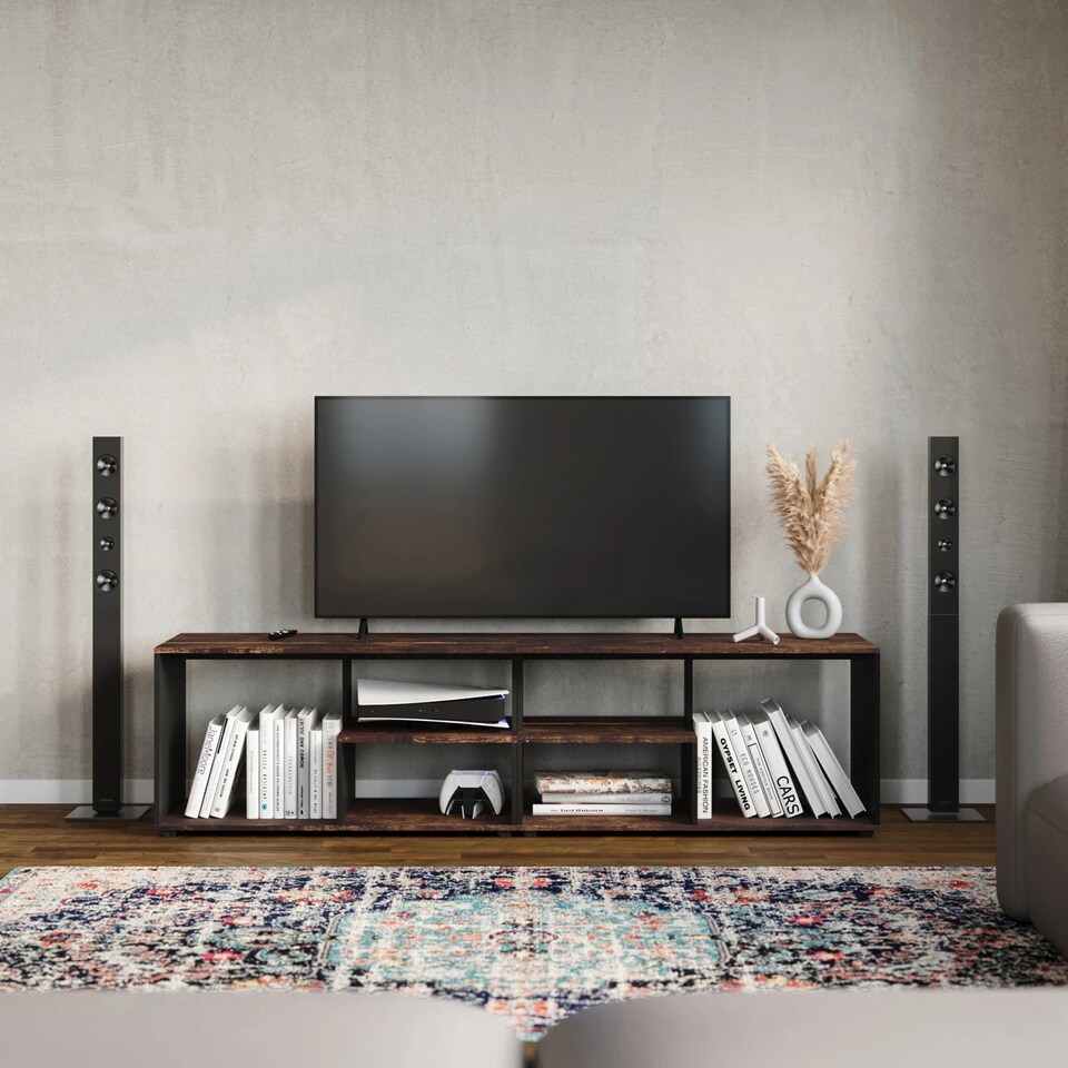 image 1 of Shelby Abstract Large Double Coffee Table With Storage Shelves TV Stand 160cm | Multi | Rustic Brown/Black