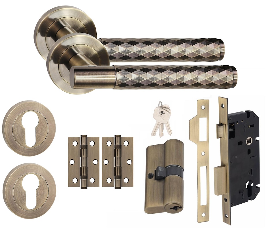 image 1 of Golden Grace 1 Set Knurled Diamond Cut T-Bar Euro Lock Door Handle Set Antique Brass Finish with Barrell Key 70mm