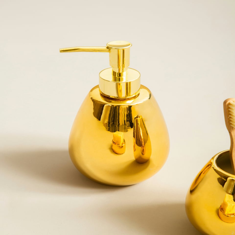 image 1 of Interiors by Premier Dolomite Gold 3 Piece Bathroom Set, Ceramic Bath Accessories Set, Lotion Dispenser, Tumbler, And Soap Dish