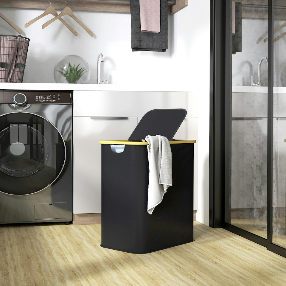 image 1 of HOMCOM 80L Collapsible Laundry Hamper, Washing Basket for Bathroom, Black