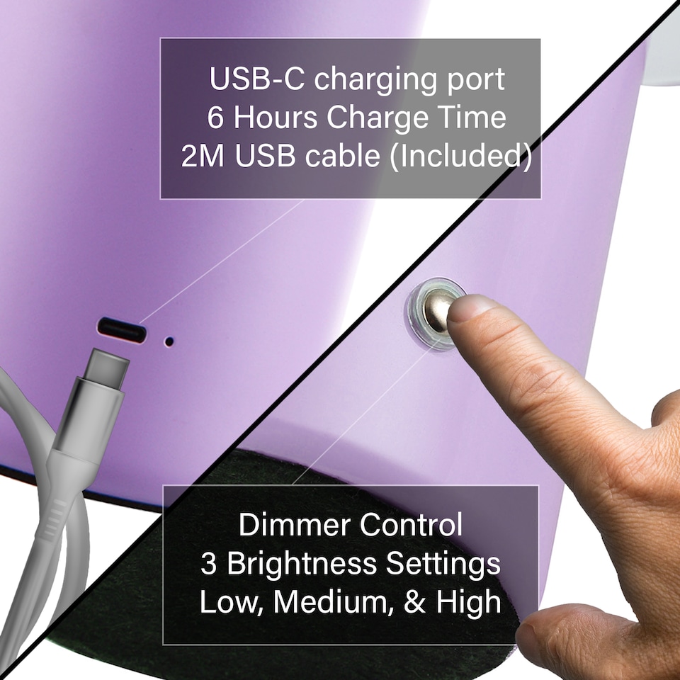 image 1 of Modern Rechargeable Mushroom Table Lamp in Mat Lilac with Touch Dimmer Button | Purple