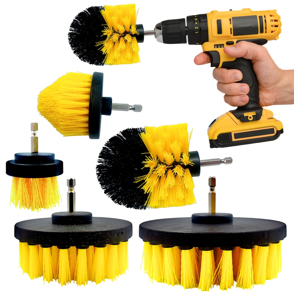 image 1 of 5 Piece Drill Cleaning Brush Set with Nylon Bristles, Plastic Power Scrubber Attachments for Bathroom, Car and Carpet Cleaning