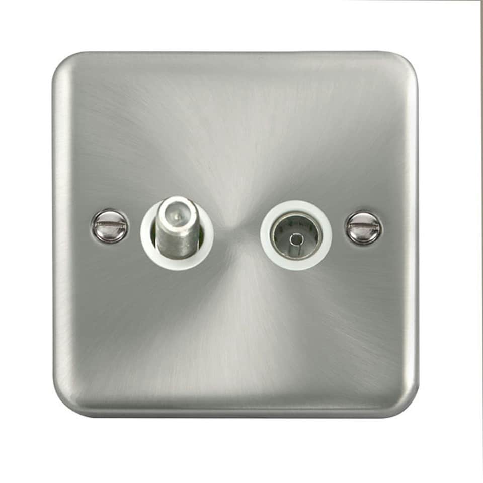 SE HOME Curved Satin Chrome Satellite & Coaxial Socket 1 Gang White | Satin Chrome