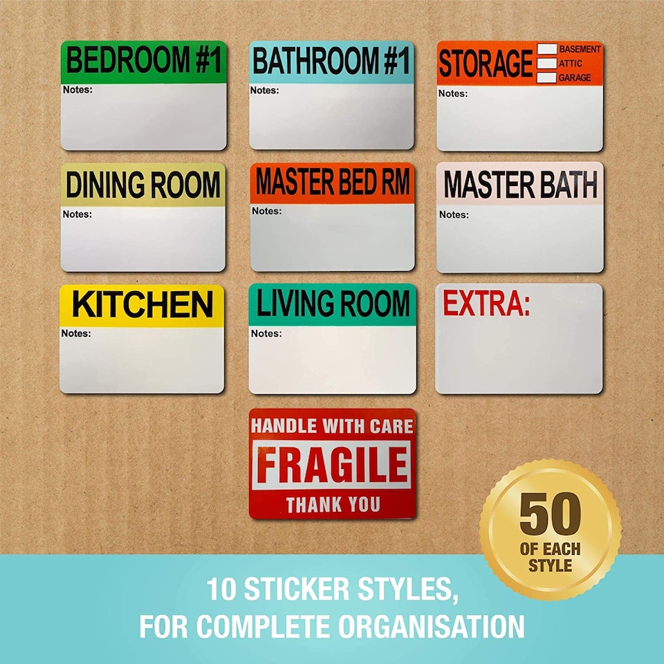 image 1 of 500 Moving Home Box Labels (50 Stickers Each) for Removals from Houses, Flats and Apartments | Multi | 7cm x 5cm