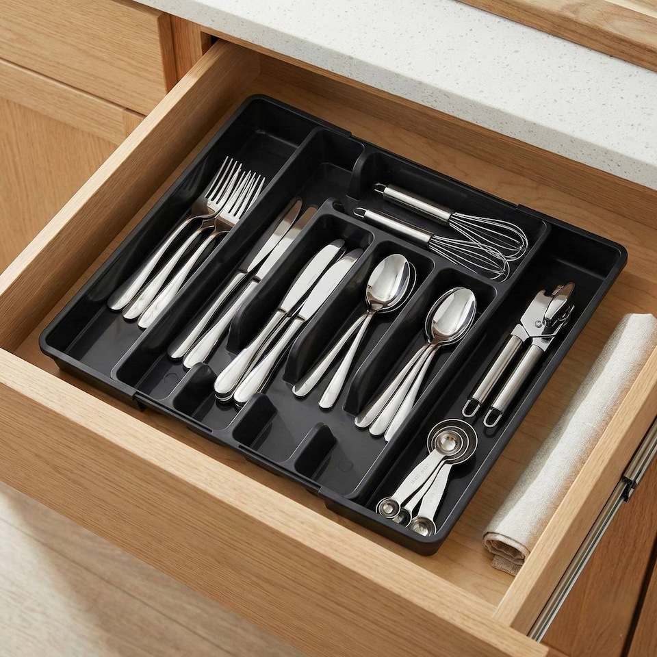 image 1 of 7-Section Extendable Plastic Cutlery Tray Organiser | Black | 1