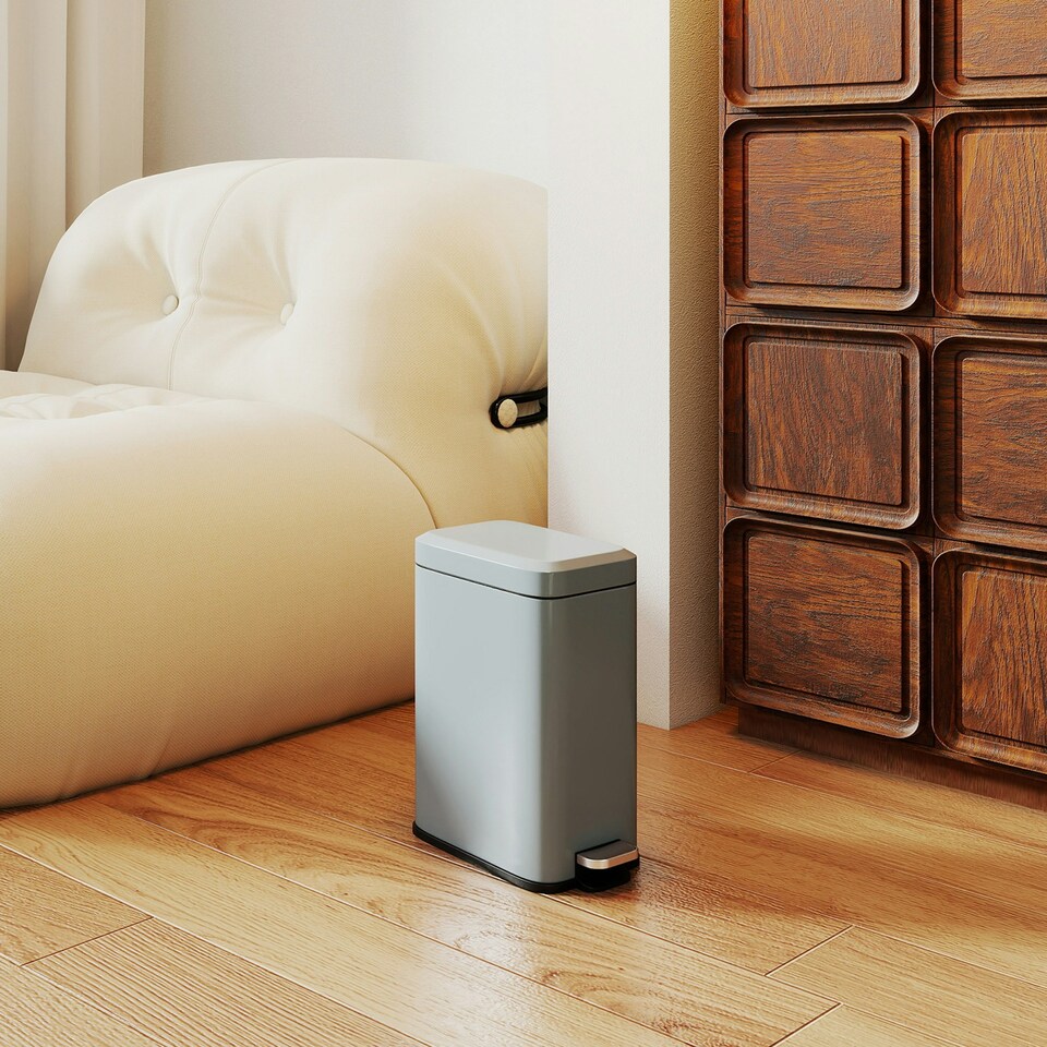 image 1 of HOMCOM 5L Rectangle Compact Bin Steel Body Inner Bucket Quiet-Close Lid w/Pedal | Grey | 5L | 1