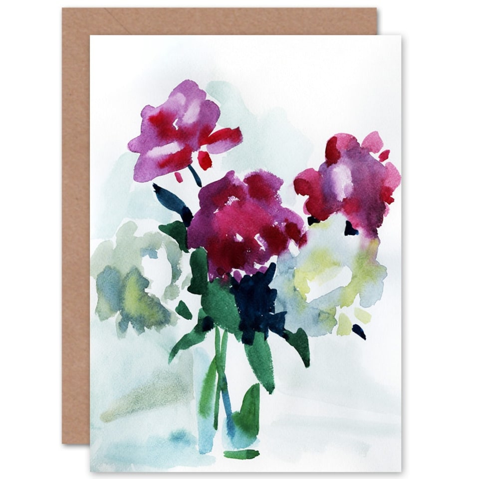 image 1 of Abstract Flowers in Vase Watercolour Peonies Floral Greeting Card