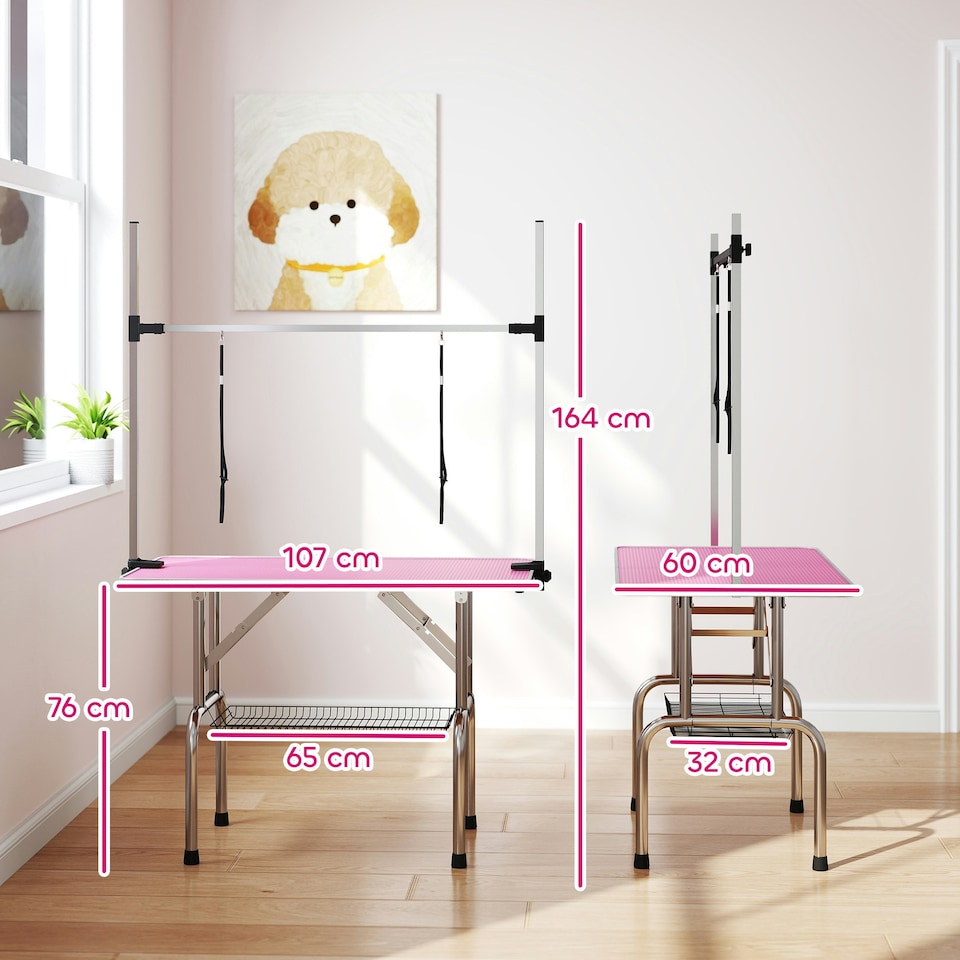 image 1 of PawHut Metal Adjustable Dog Grooming Table Rubber Top 2 Safety Slings Mesh