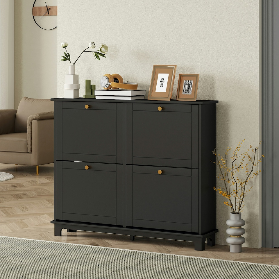 image 1 of HOMCOM Narrow Shoe Cabinet with 4 Flip Drawers Adjustable Shelves White | Gold | 119.5W x 23.5D x 87H cm