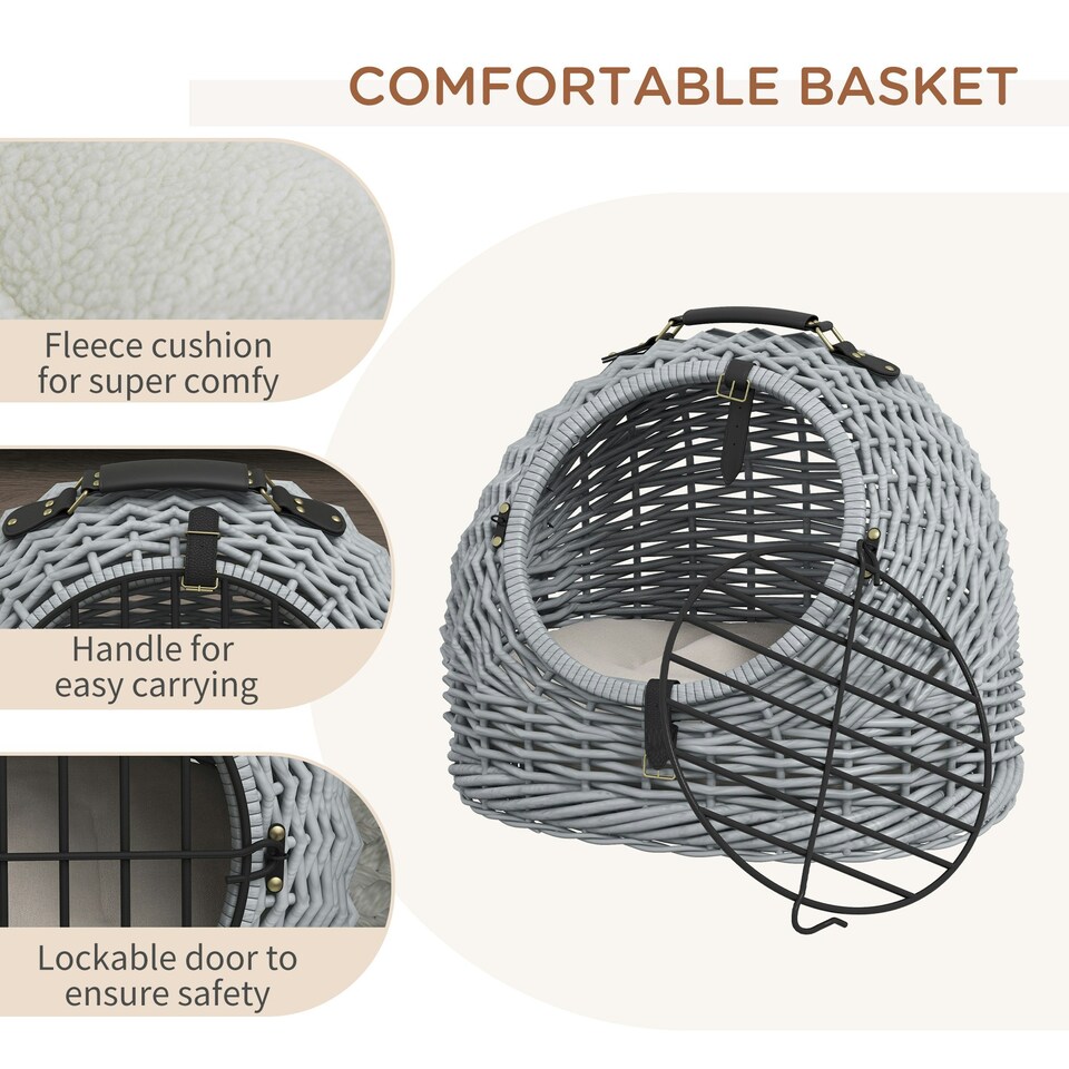 image 1 of Wicker Cat Basket W/ Mat Handle Kitten Pussy Enclosed Bed Portable - Grey