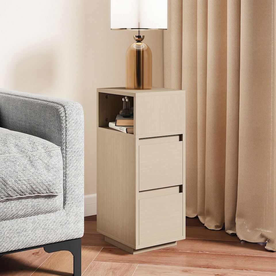 image 1 of HOMCOM Slim Bedside Table, Narrow Bedside Cabinet with Open Shelf and 2 Drawers, Modern Nightstand for Bedroom, Living Room, Natural Wood Finish | Brown | Natural wood finish