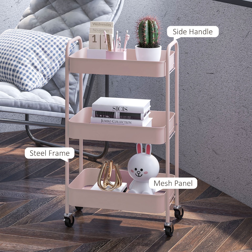 image 1 of HOMCOM 3-tier Storage Trolley on Wheels, Metal Storage Cart, Rolling Ultility Cart with 3 Mesh Baskets for Living Room, Kitchen, Pink