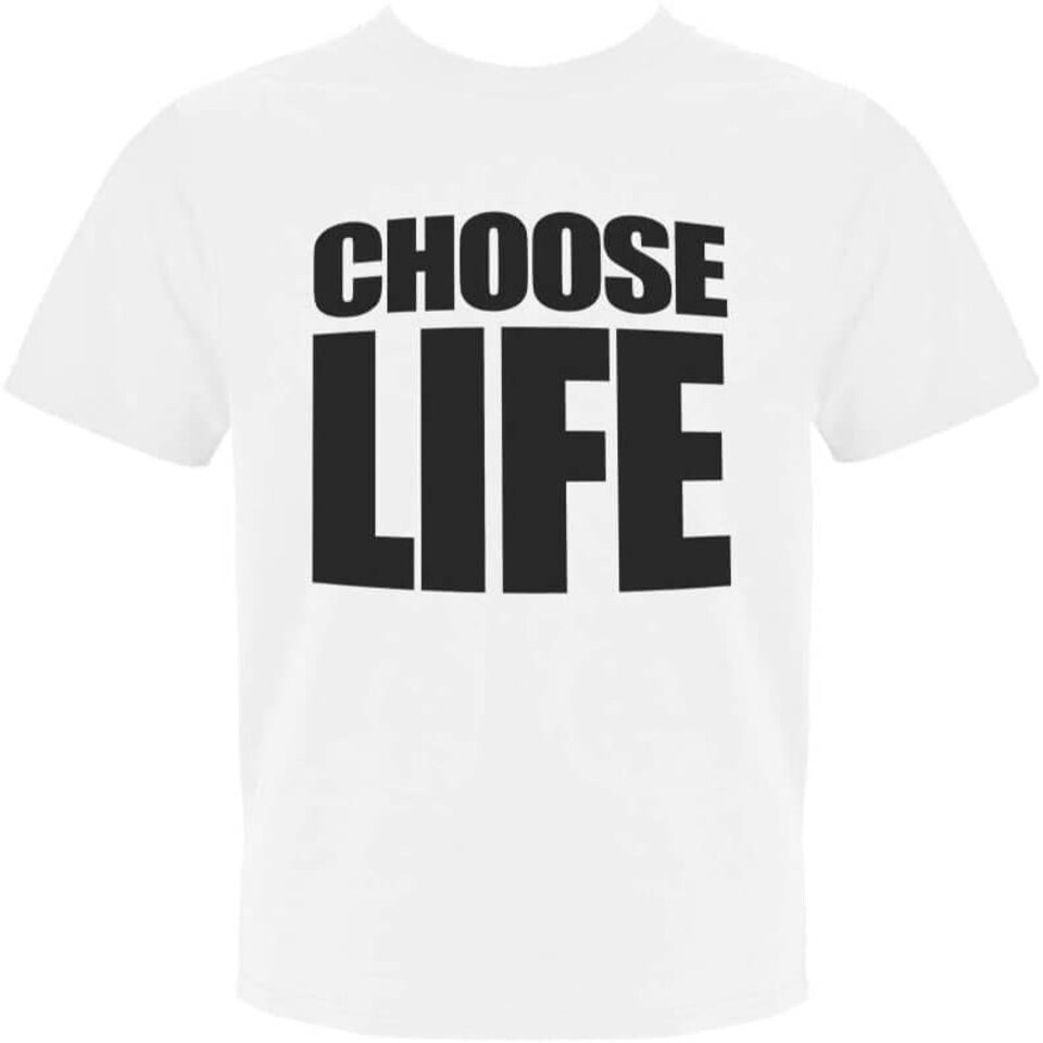 image 1 of “CHOOSE LIFE” T-Shirt Costume Set – Unisex Adult – George Michael Style Fancy dress costume White | L