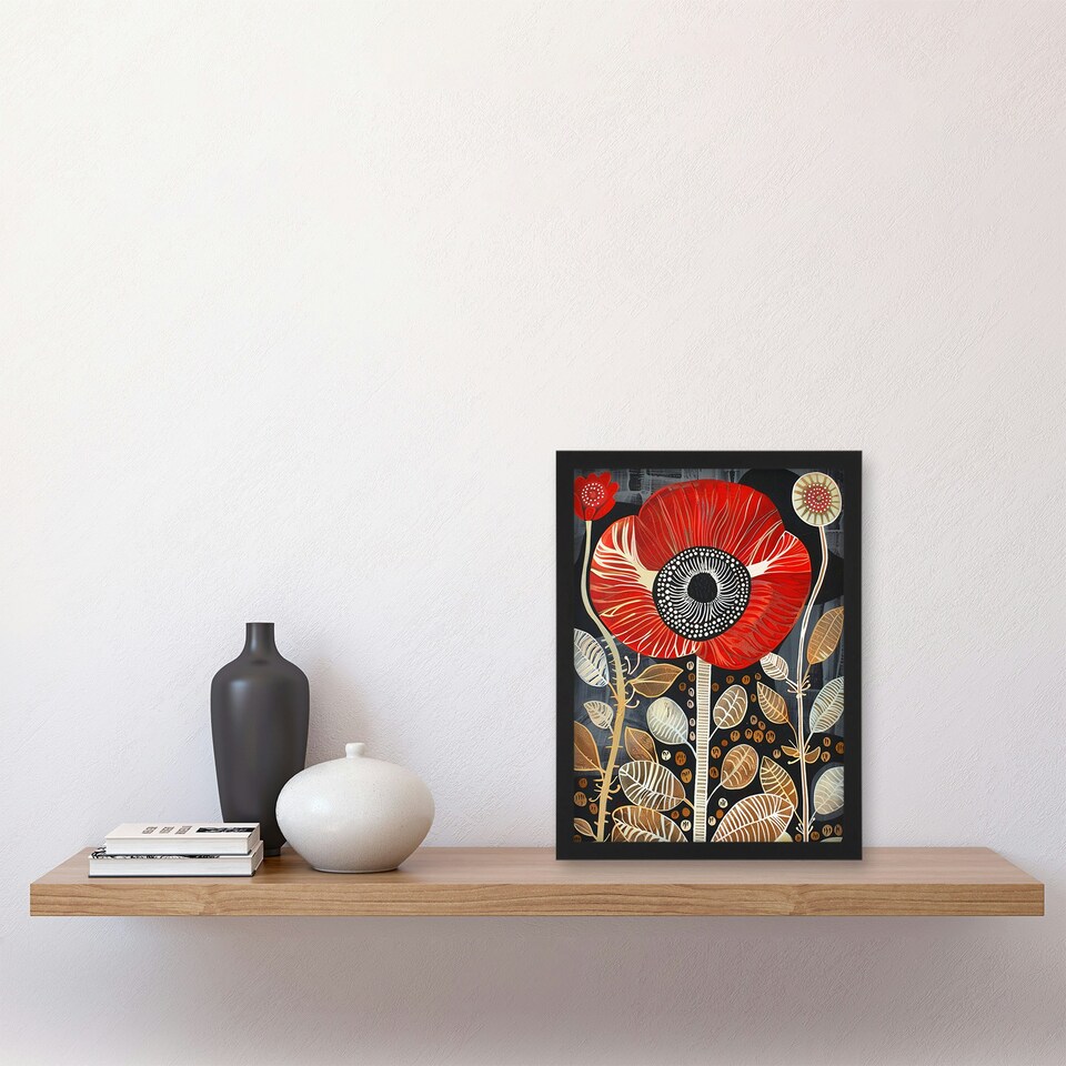 image 1 of Poppy Flower Red Gold Grey Modern Folk Art Black Framed Wall Art Print A4