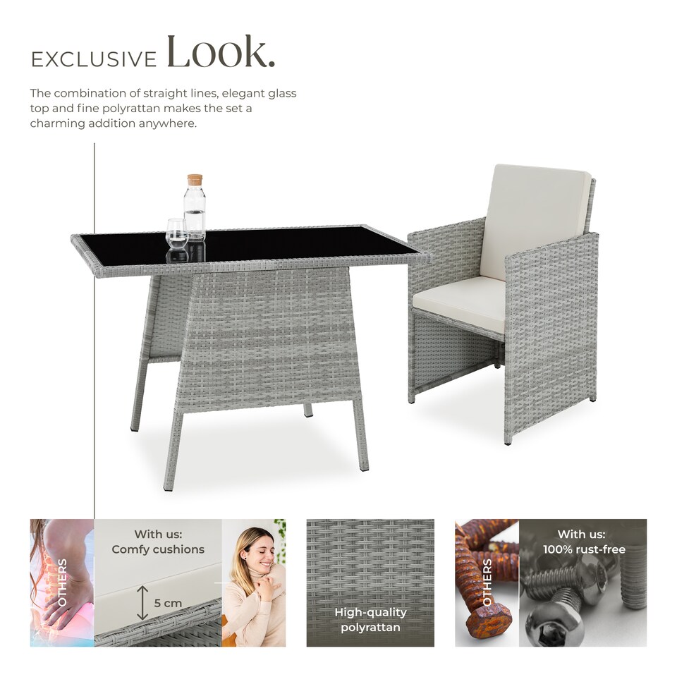 image 1 of Garden Furniture Set Lausanne - 2 chairs, 1 table, bistro set, weather resistant | Grey | light grey | 52,50 x 56 x 88 cm | 1