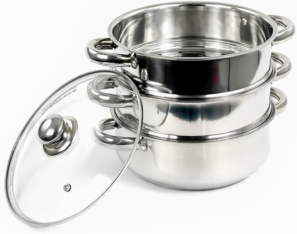 image 1 of 3 Tier Stainless Steel 22cm Steamer Pot Pan Cooker Set Glass Lid Cook Food Uk