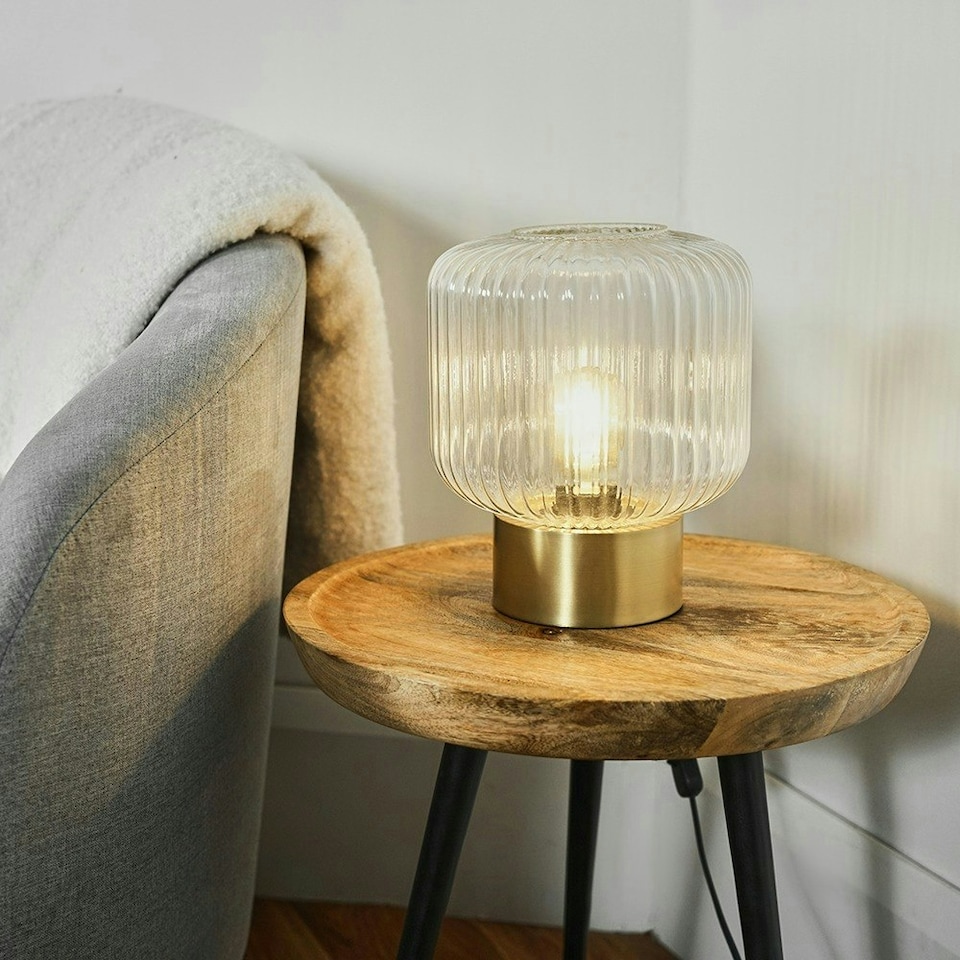 image 1 of ValueLights Satin Gold Base Bedside Table Lamp With Clear Glass Textured Light Shade