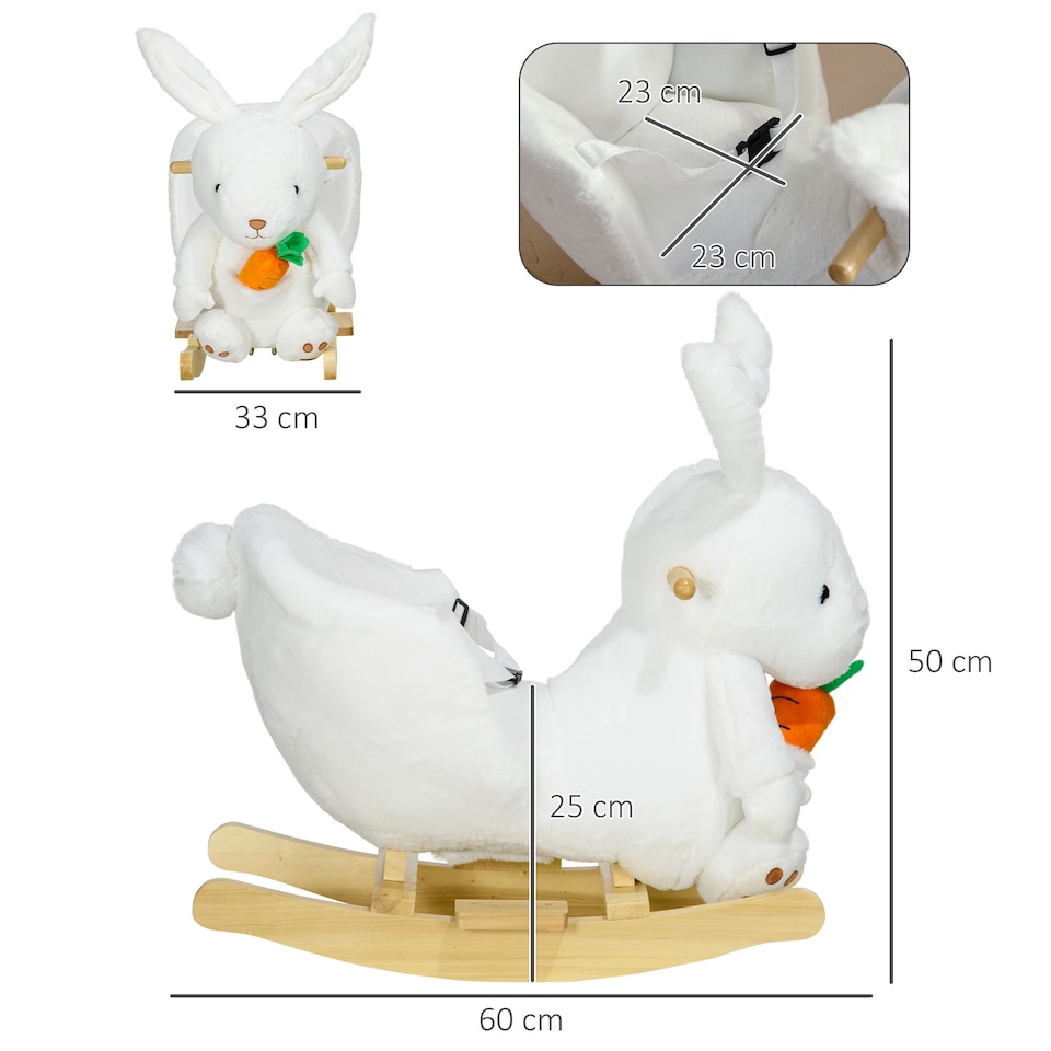 image 1 of HOMCOM Kids Rocking Horse, Plush Rabbit-Shaped Baby Rocking Animal with Carrot Toy, Safety Harness, Realistic Sounds, Foot Pedals, for Toddlers Aged 18-36 Months - White