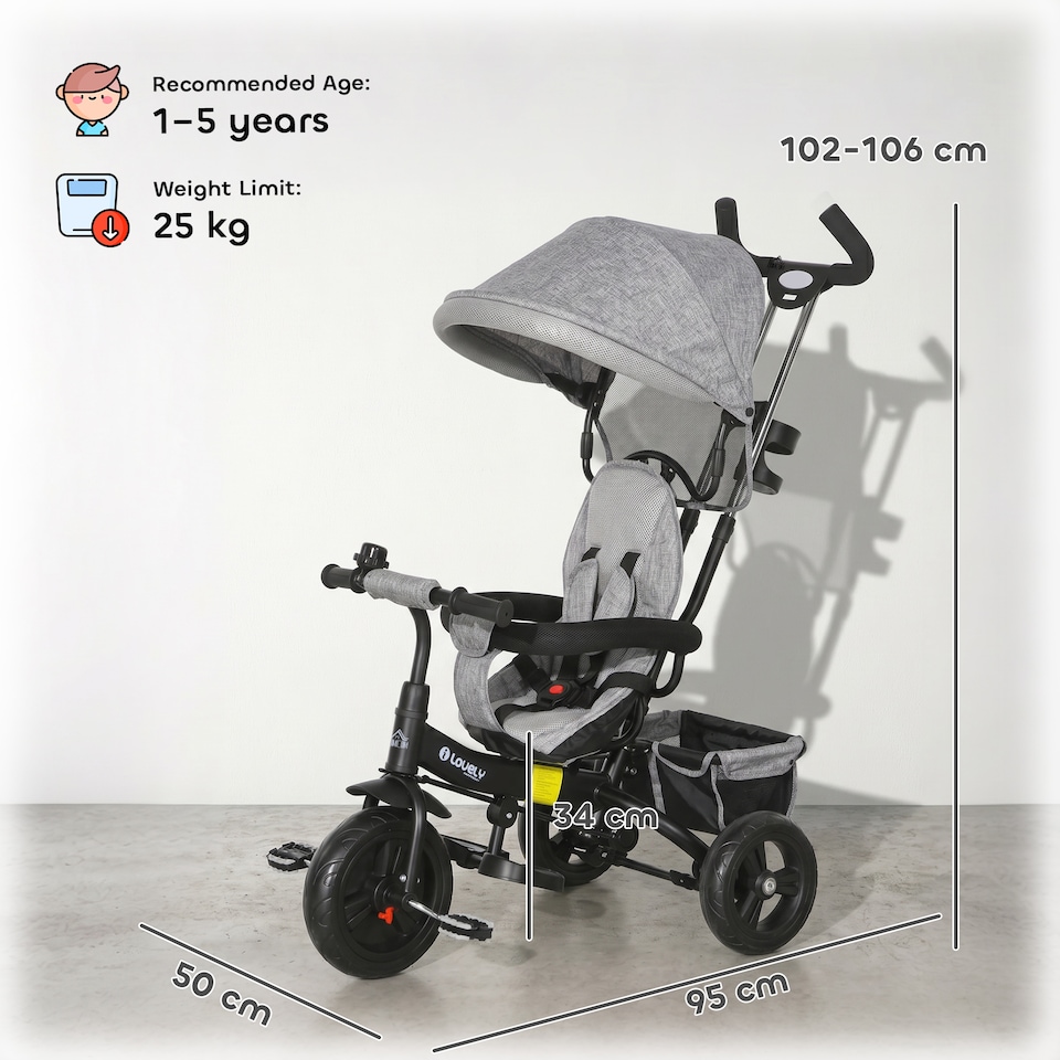 image 1 of HOMCOM 6 in 1 Kids Trike, Storage, Brake, Stroller with Parent Handle, Grey