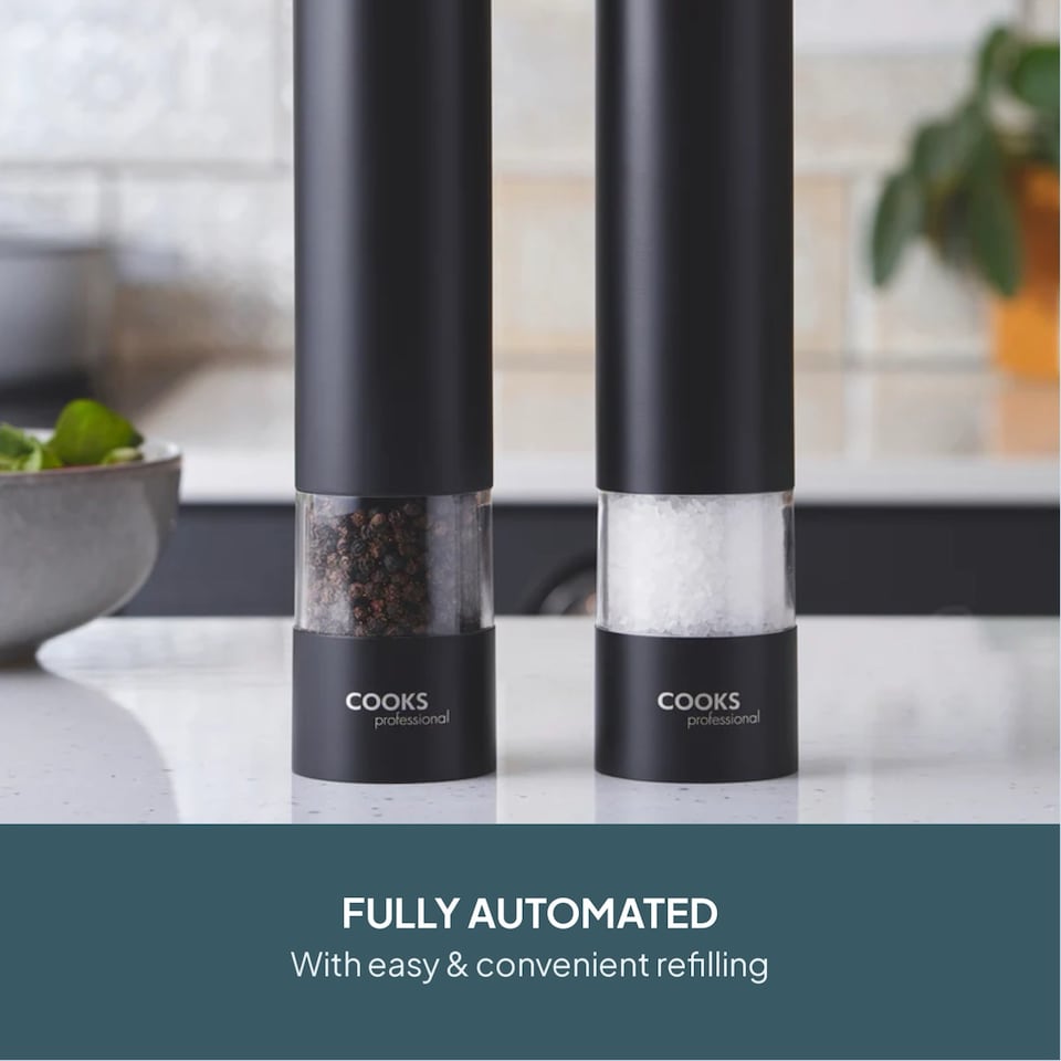 image 1 of Cooks Professional Electric Salt & Pepper Mill - Stainless Steel Automatic Grinder | Black | Black | 2