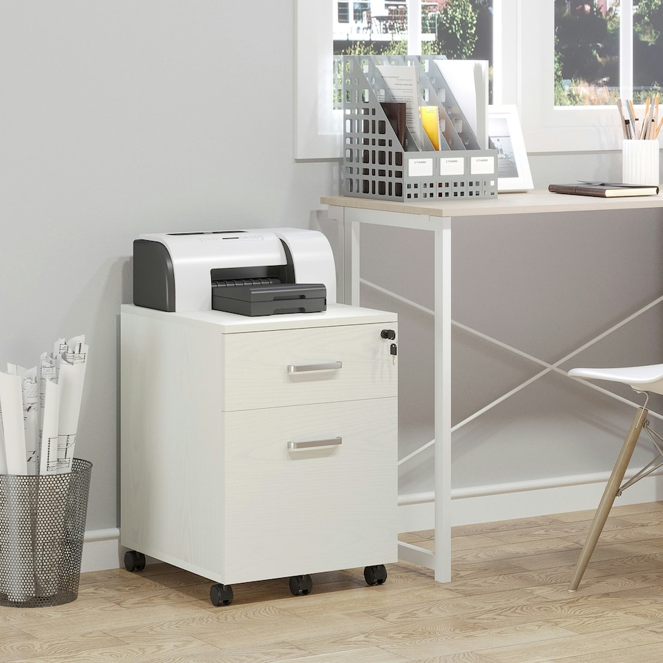 image 1 of Vinsetto 2-Drawer Locking Office Filing Cabinet 5 Wheels Rolling Storage White