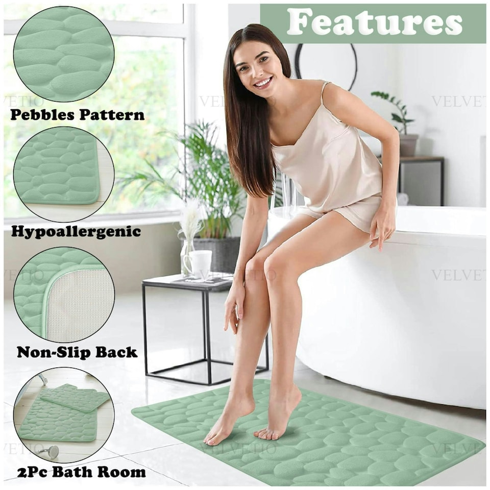 image 1 of VELVETIO 2Pc Pebble Bath Mat Set Memory Foam Bathroom Toilet Rugs Green | Sage Green