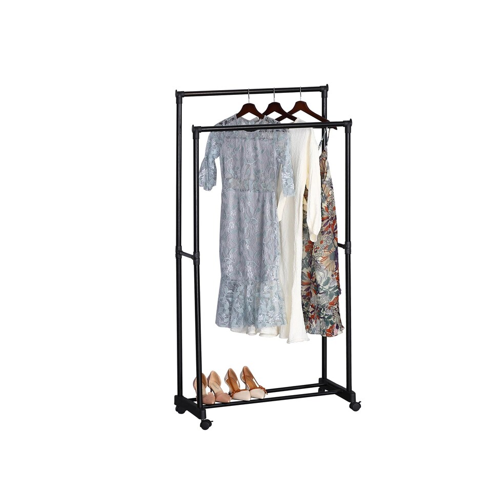 image 1 of Modern Freestanding Garment Rack with Bottom Rail Steel Tube Clothes Hanging Stand | Black | Double Rail | 1
