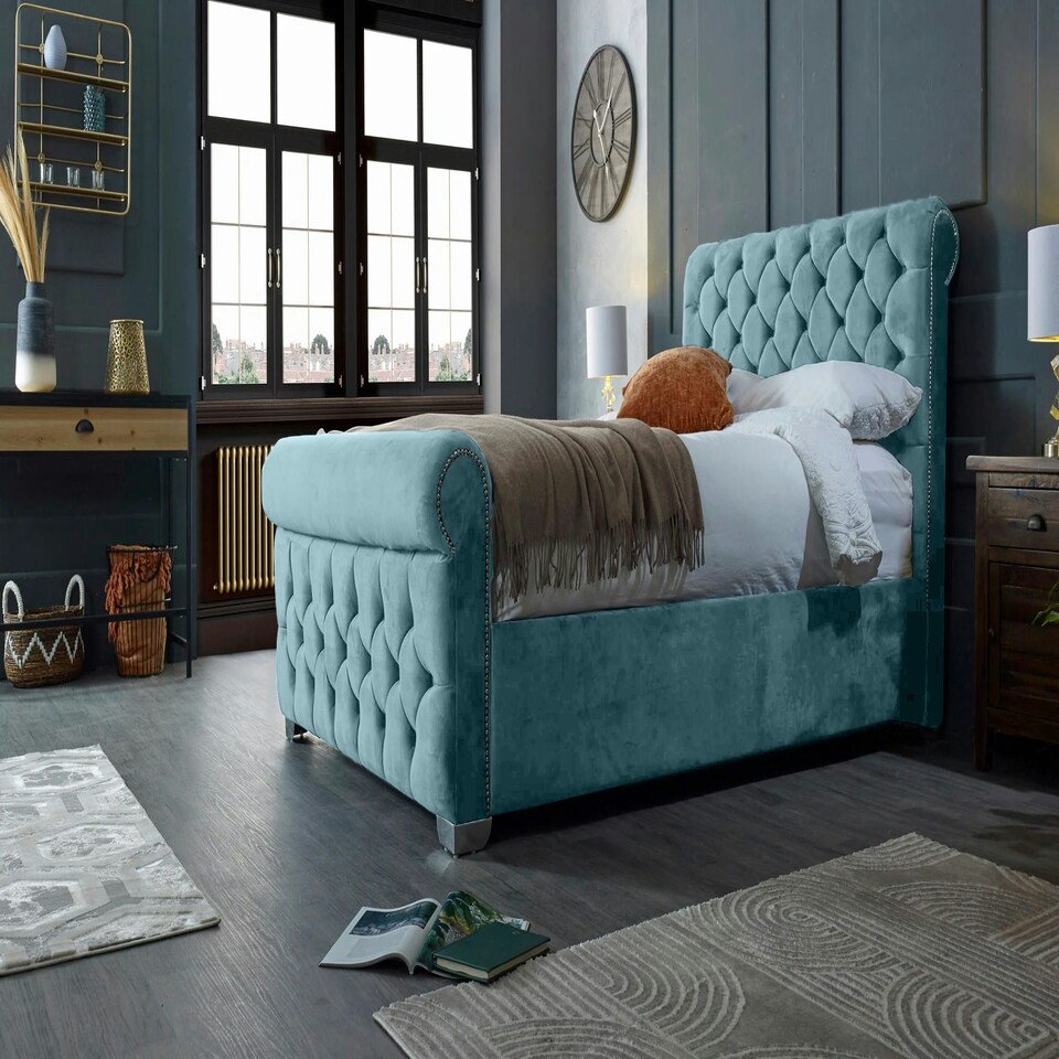 image 1 of Veneta Plush Duck Egg King Bed Frame - Duck Egg