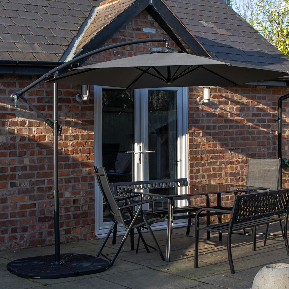 image 1 of Outdoor 6 Person Rectangular Glass Top Garden Dining Table Benches & Chairs With Grey Banana Parasol and Base
