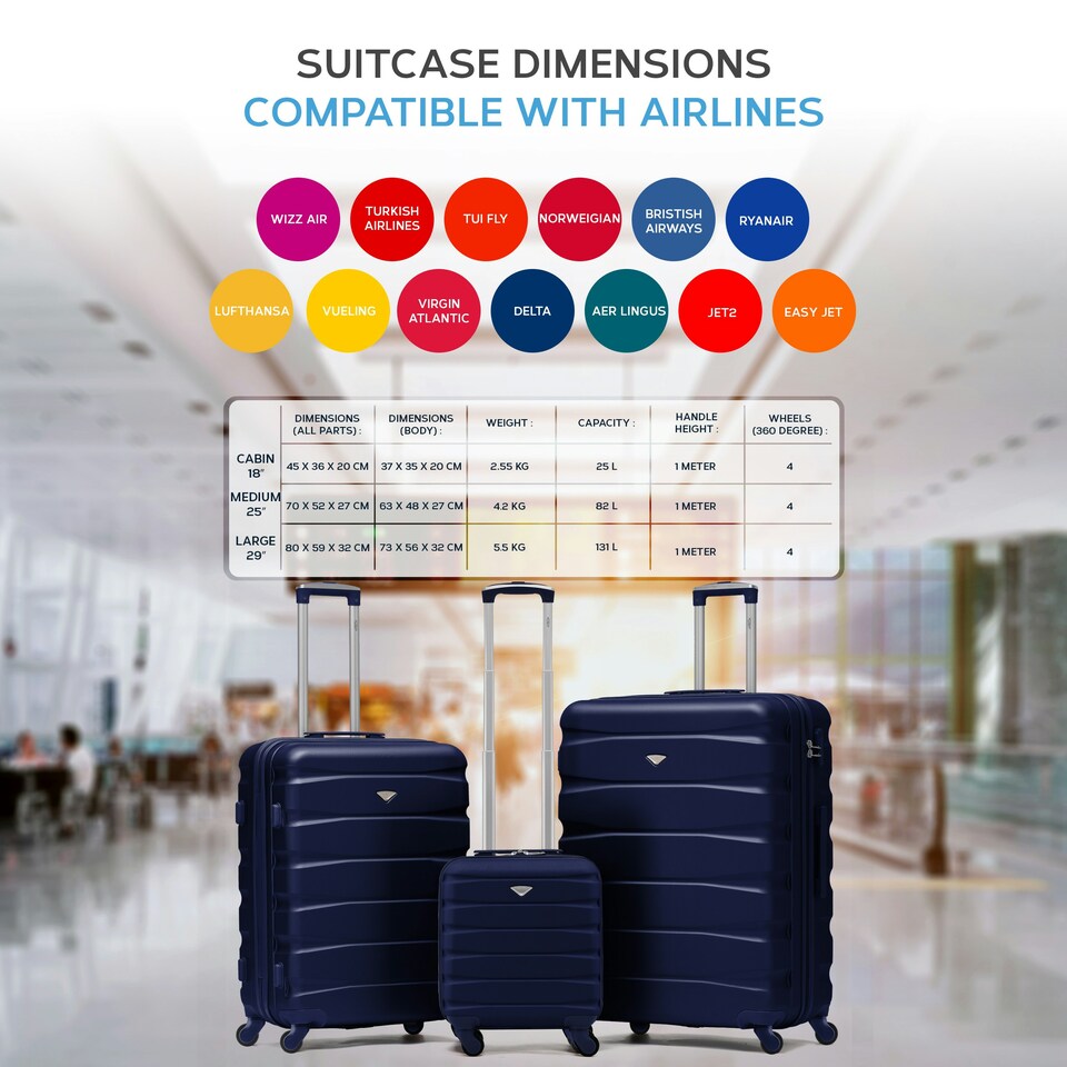 image 1 of Flight Knight Suitcase Sets 3 Piece, Large Suitcase, Extra Large Suitcase, easyJet Cabin Bag 45x36x20cm Underseat Carry On, 100+ Airlines Approved - BA, Ryanair Blue | Navy | Large