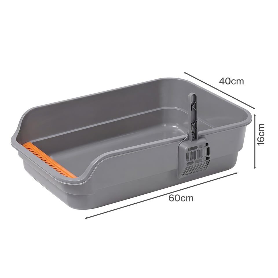 image 1 of Skylos Cat Litter Tray Spacious High Sided Low Entry Open Pan for Cats Grey