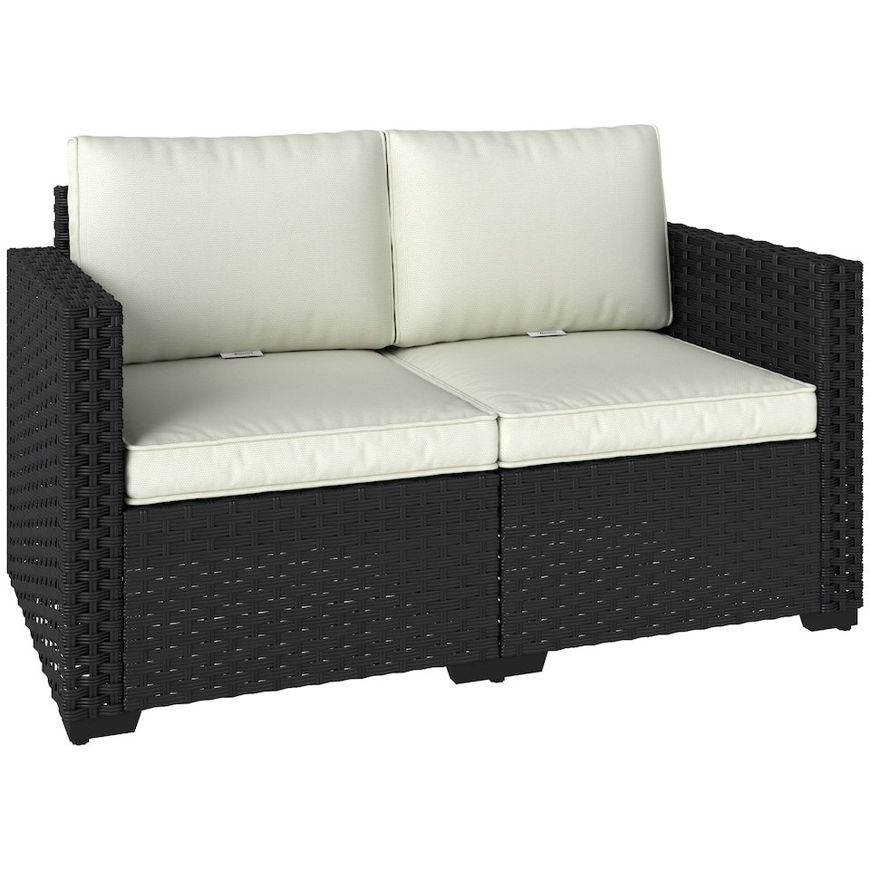 image 1 of Outsunny 2 Seater Rattan Garden Sofa with Deep Seat, Wide Arms, Black | Black | Black, Cream White | Two Seater