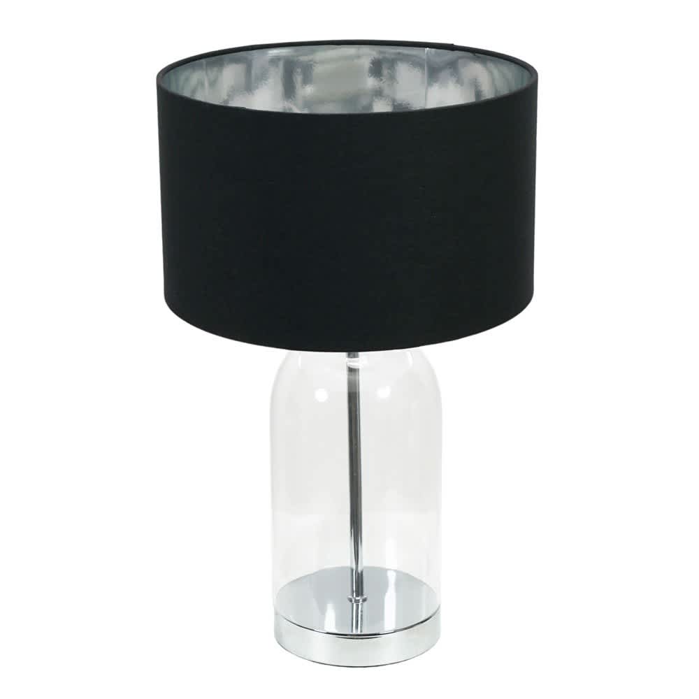ValueLights Jessy Glass with Silver Trim Table Lamp with Fabric Drum with Chrome Inner Shade in Black
