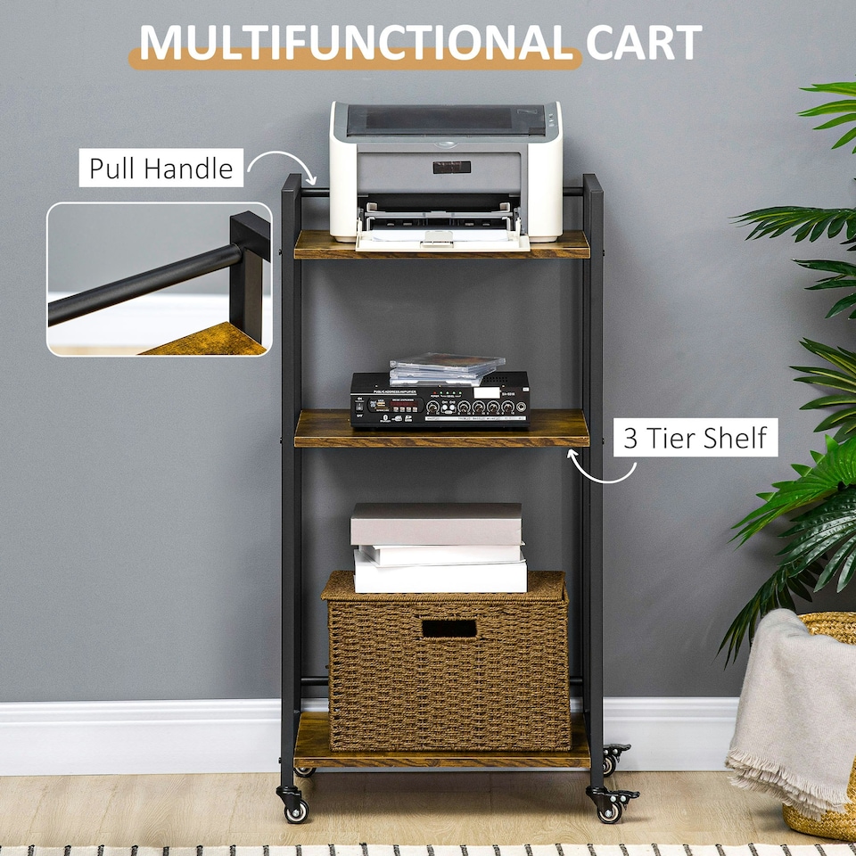 image 1 of HOMCOM 3-Tier Printer Stand, Utility Cart, Rolling Trolley Adjustable Shelves